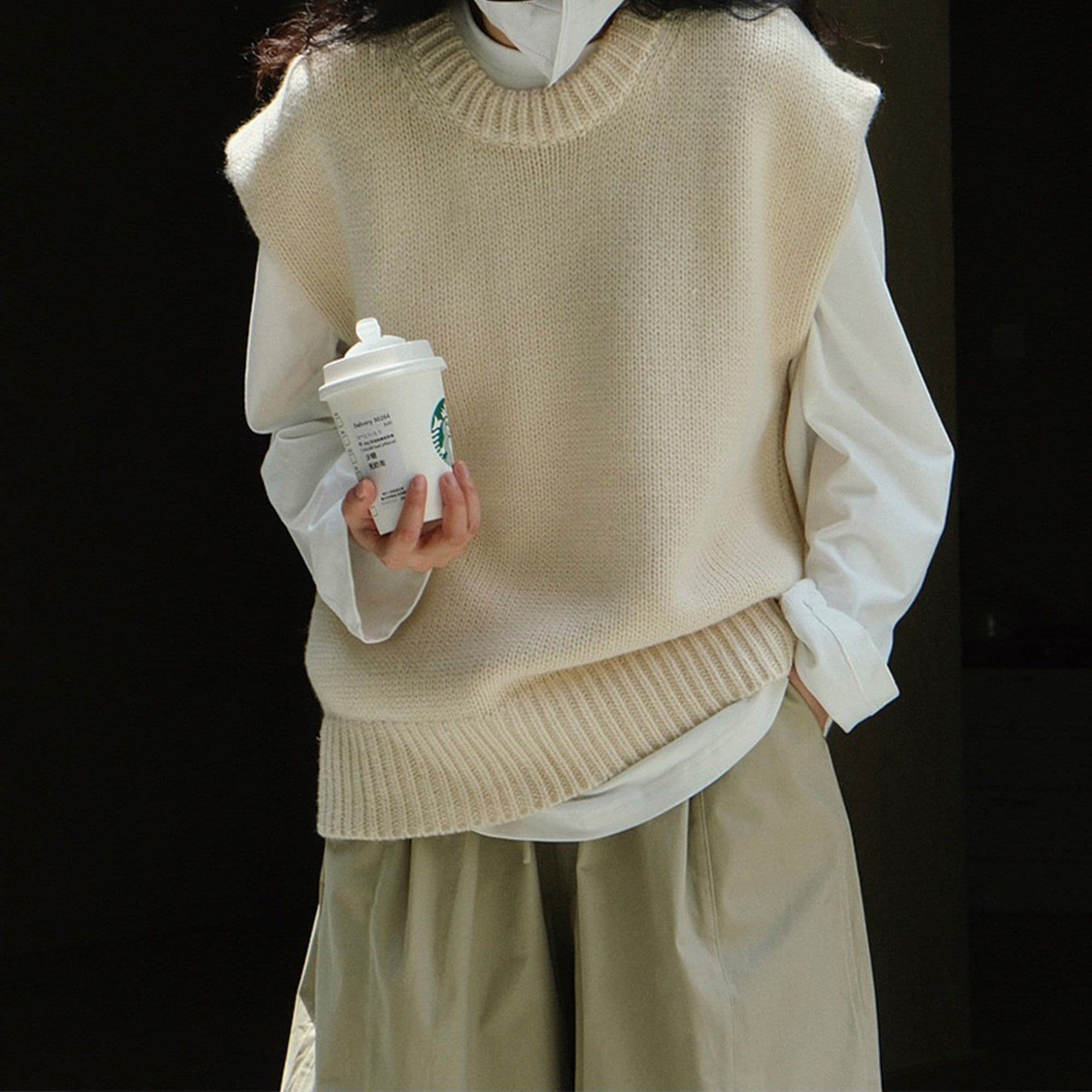 image-Wool Round-neck Knitted Waistcoat, Loose Knit Tank Top, Vintage Clothes, Sleeveless Wool Vest Handmade Clothing, Knitwear, Spring Clothing
