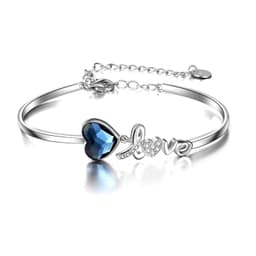 image-Blue Crystals from Austria Love Heart Bangle Bracelet in White Gold Plated Sterling Silver