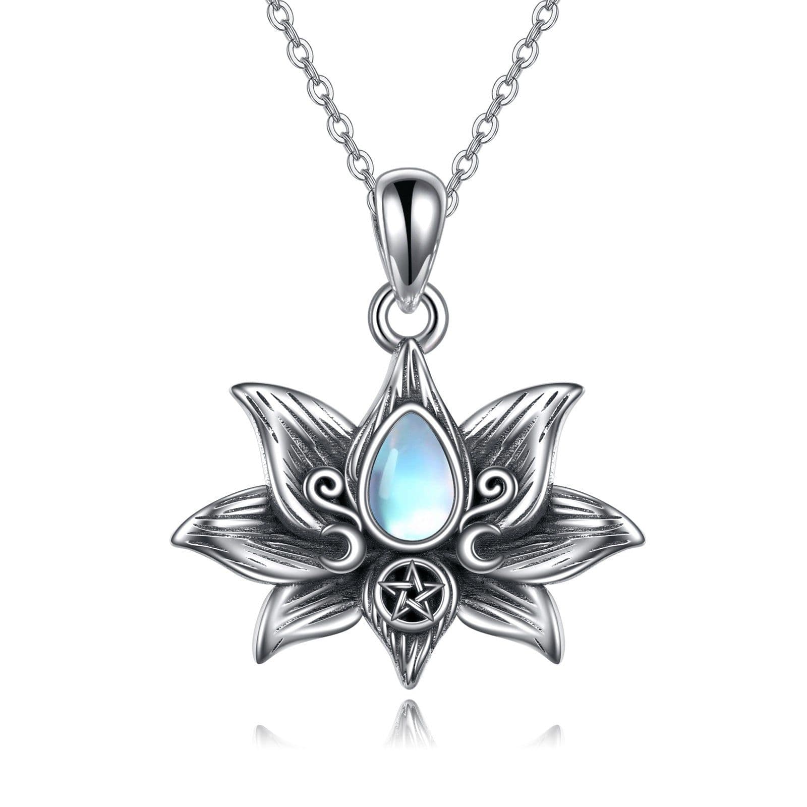 image-Sterling Silver Moonstone Lotus Flower Pendant Necklace Jewelry Gifts for Women