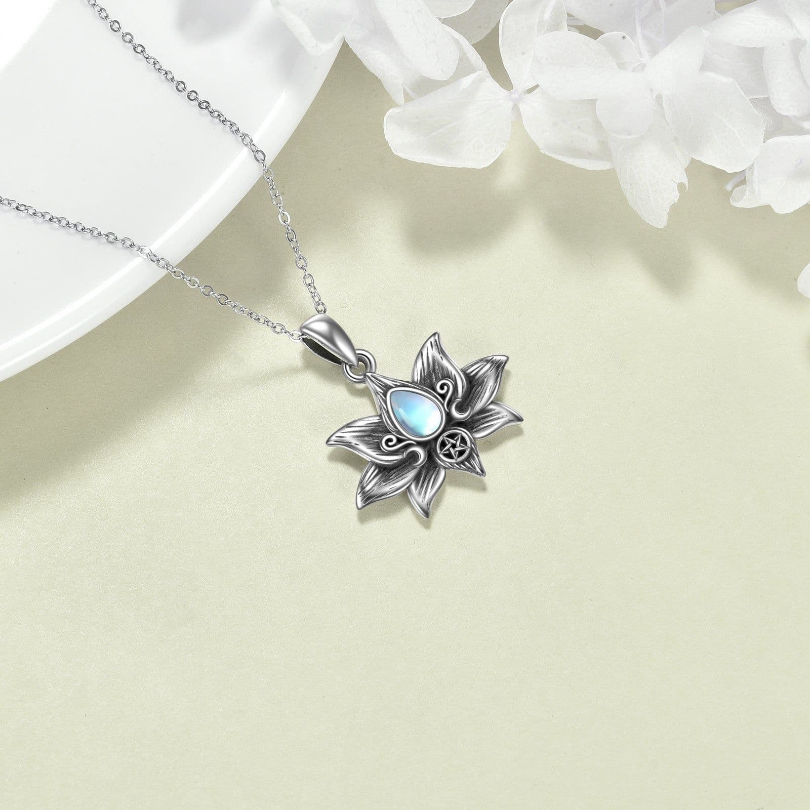 image-Sterling Silver Moonstone Lotus Flower Pendant Necklace Jewelry Gifts for Women