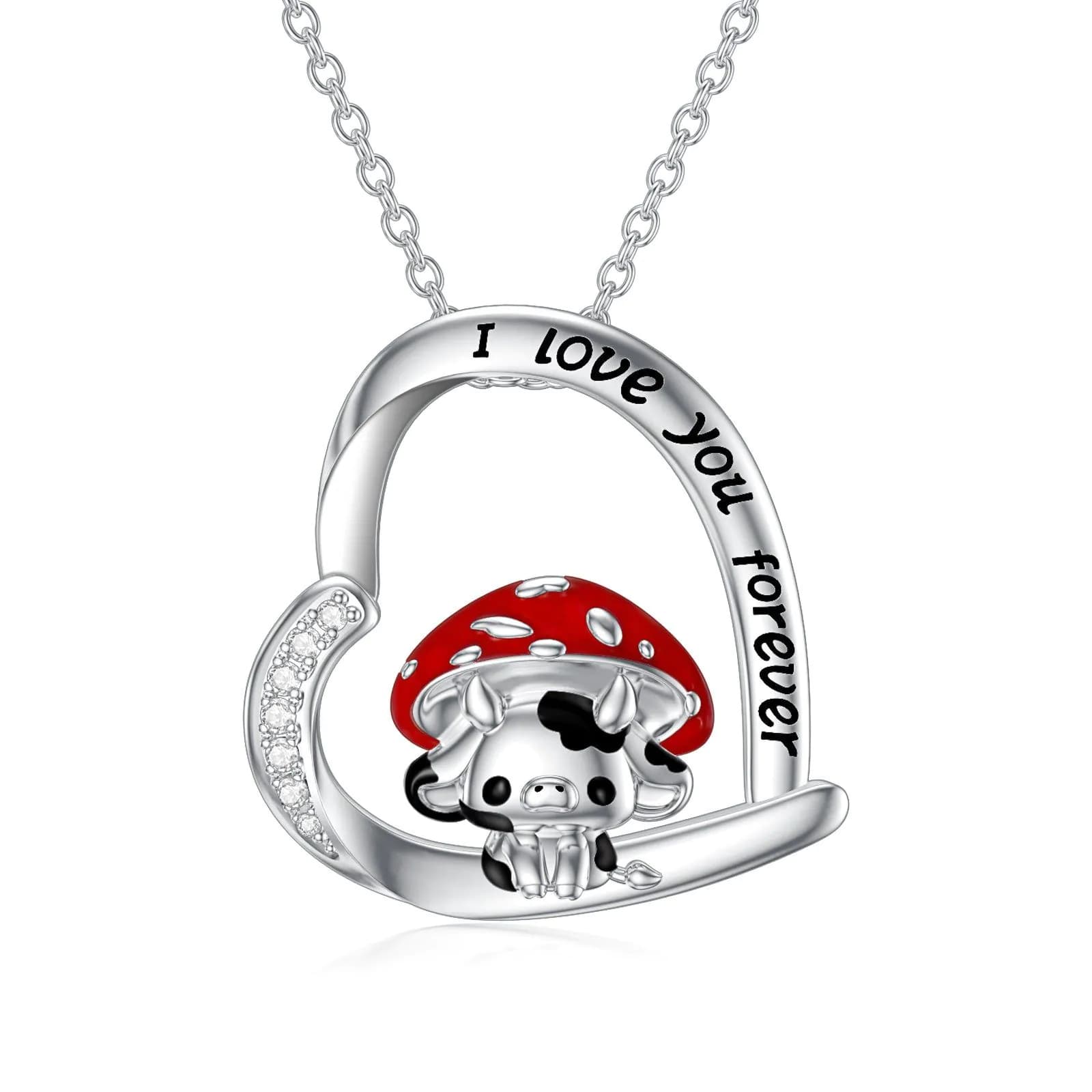 image-Cow Necklace 925 Sterling Silver Mushroom Cow Pendant Cute Animal Jewelry for Women Girls