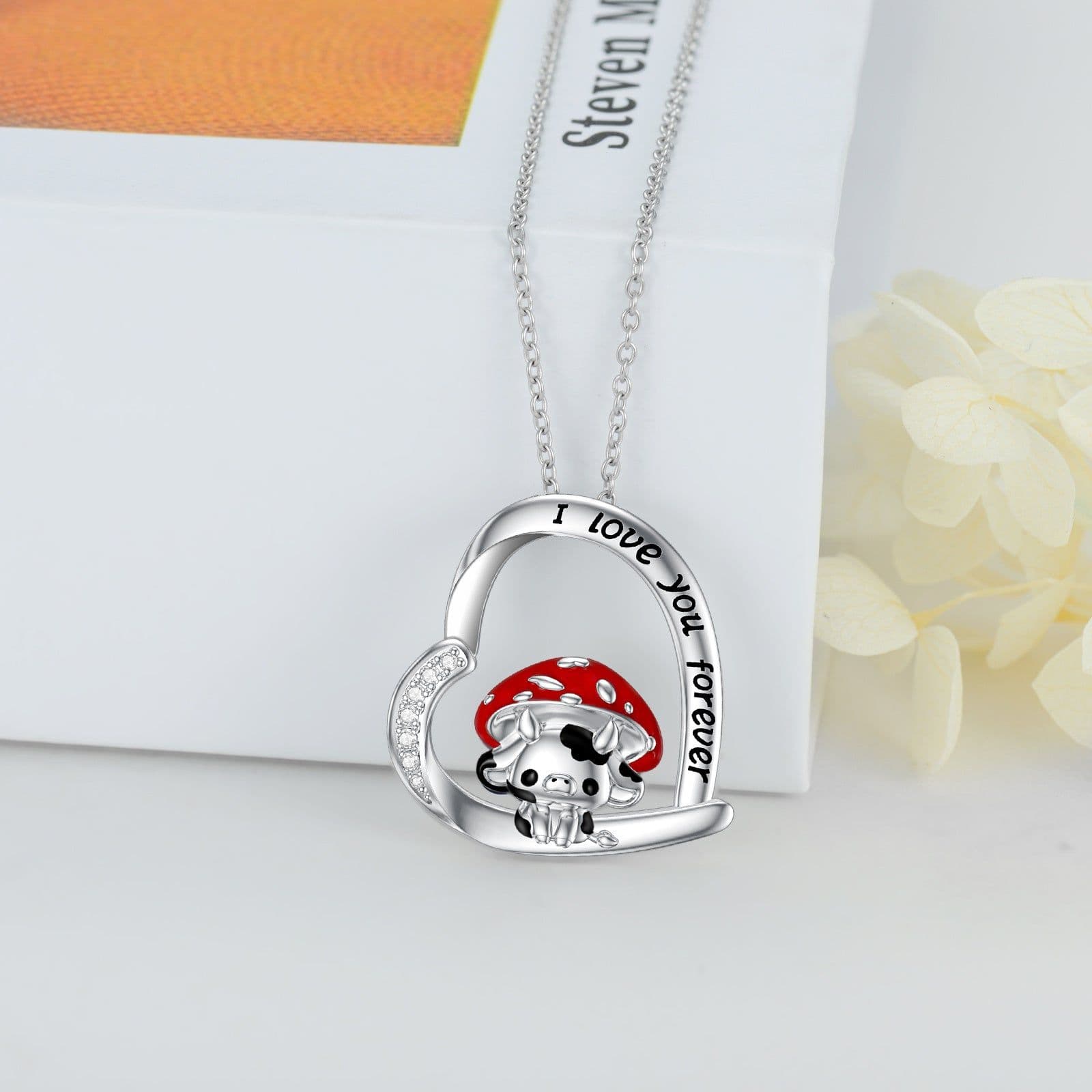 image-Cow Necklace 925 Sterling Silver Mushroom Cow Pendant Cute Animal Jewelry for Women Girls