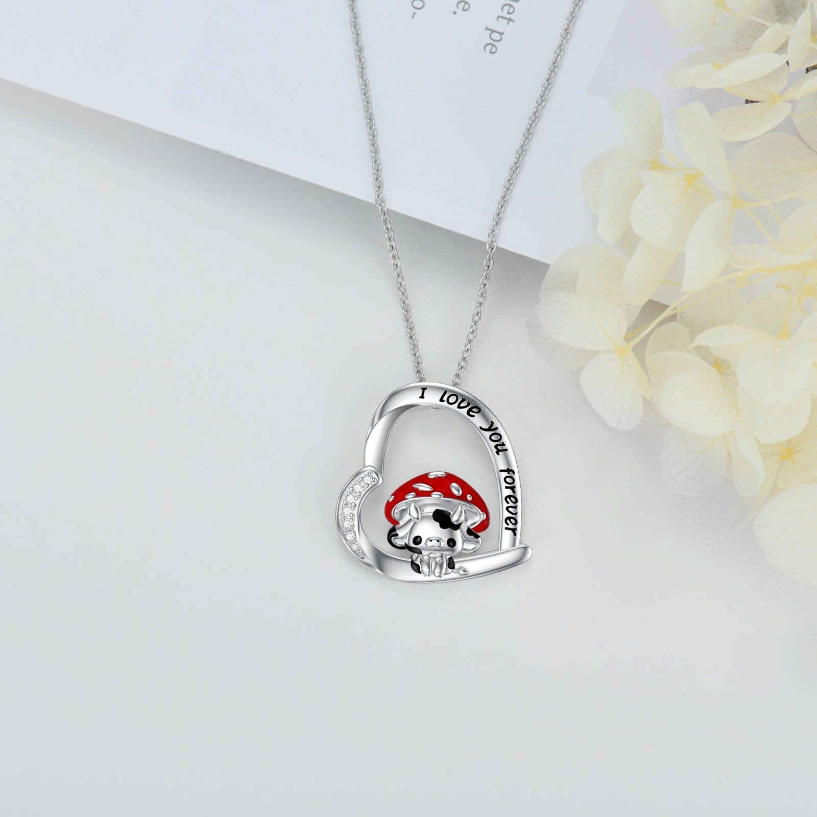 image-Cow Necklace 925 Sterling Silver Mushroom Cow Pendant Cute Animal Jewelry for Women Girls