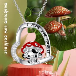 image-Cow Necklace 925 Sterling Silver Mushroom Cow Pendant Cute Animal Jewelry for Women Girls