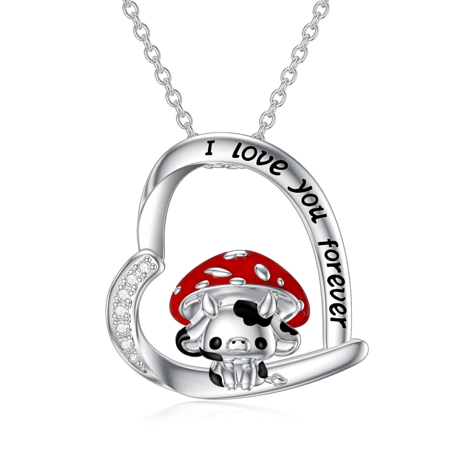image-Cow Necklace 925 Sterling Silver Mushroom Cow Pendant Cute Animal Jewelry for Women Girls