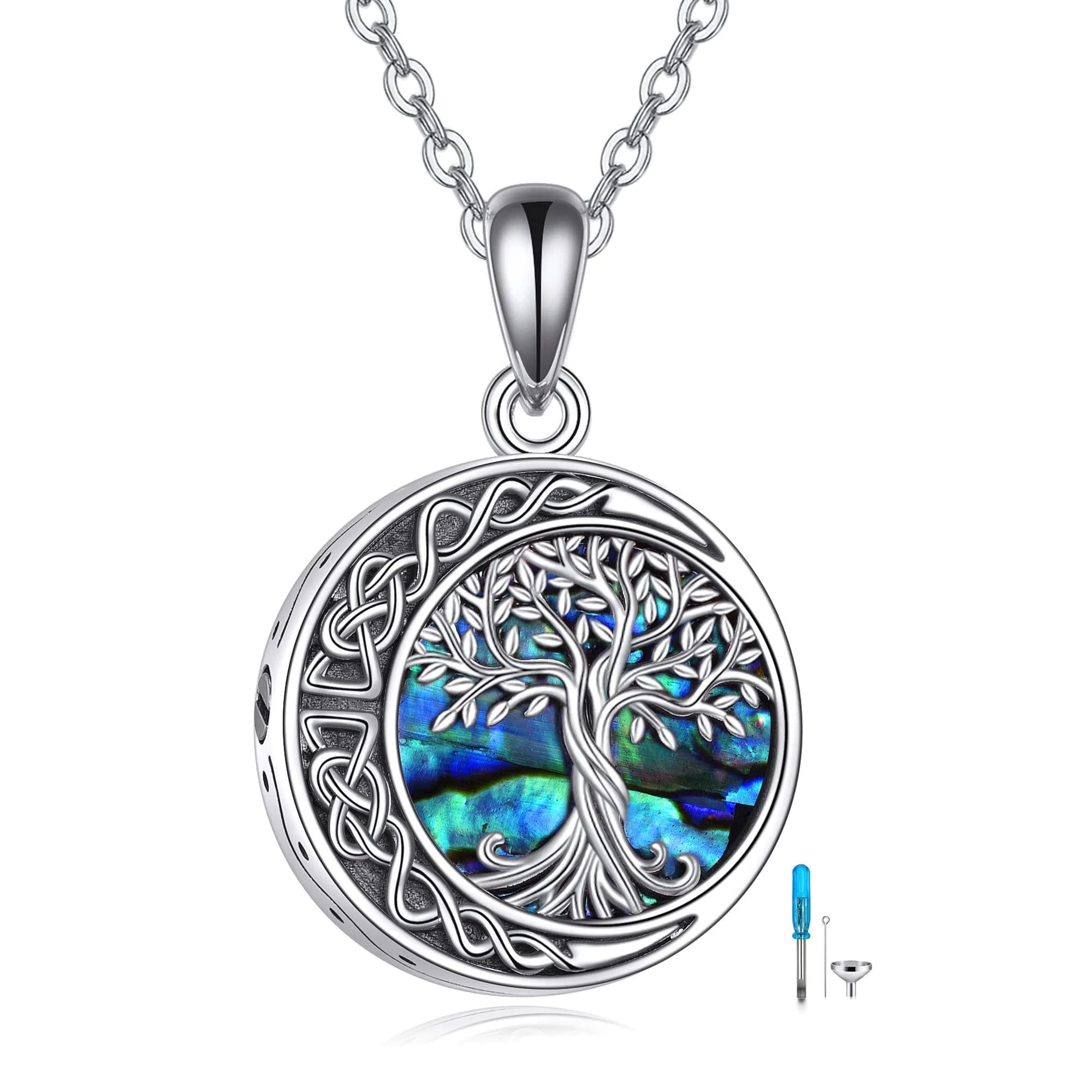 image-Tree of Life Urn Necklaces for Ashes Sterling Silver Celtic Knot Moon Tree of Life Cremation Jewelry for Ashes Memory Jewelry