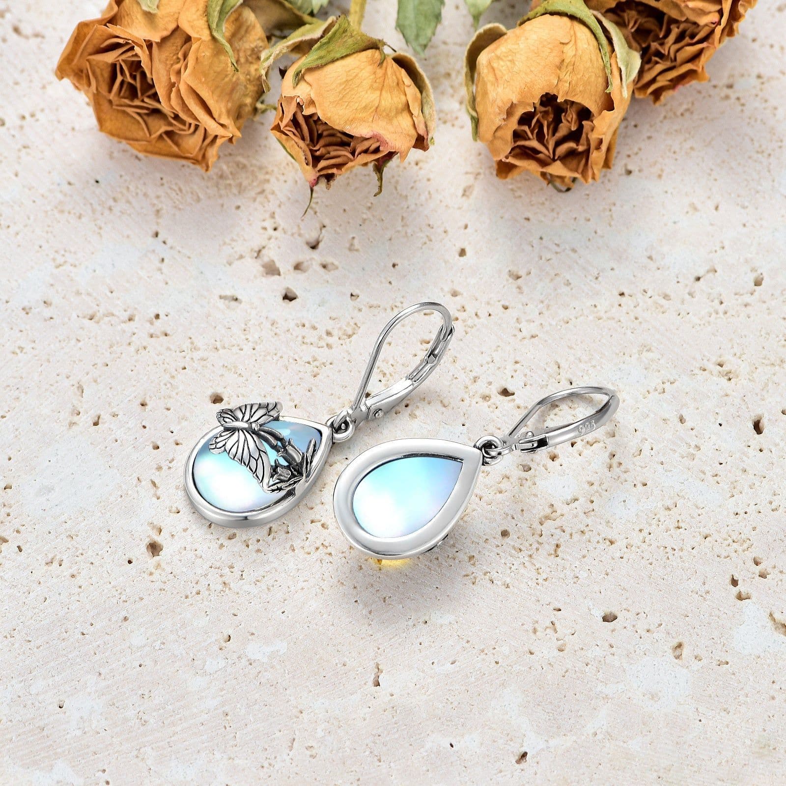 image-Butterfly Leverback Earrings 925 Sterling Silver Butterfly Moonstone Earrings For Women