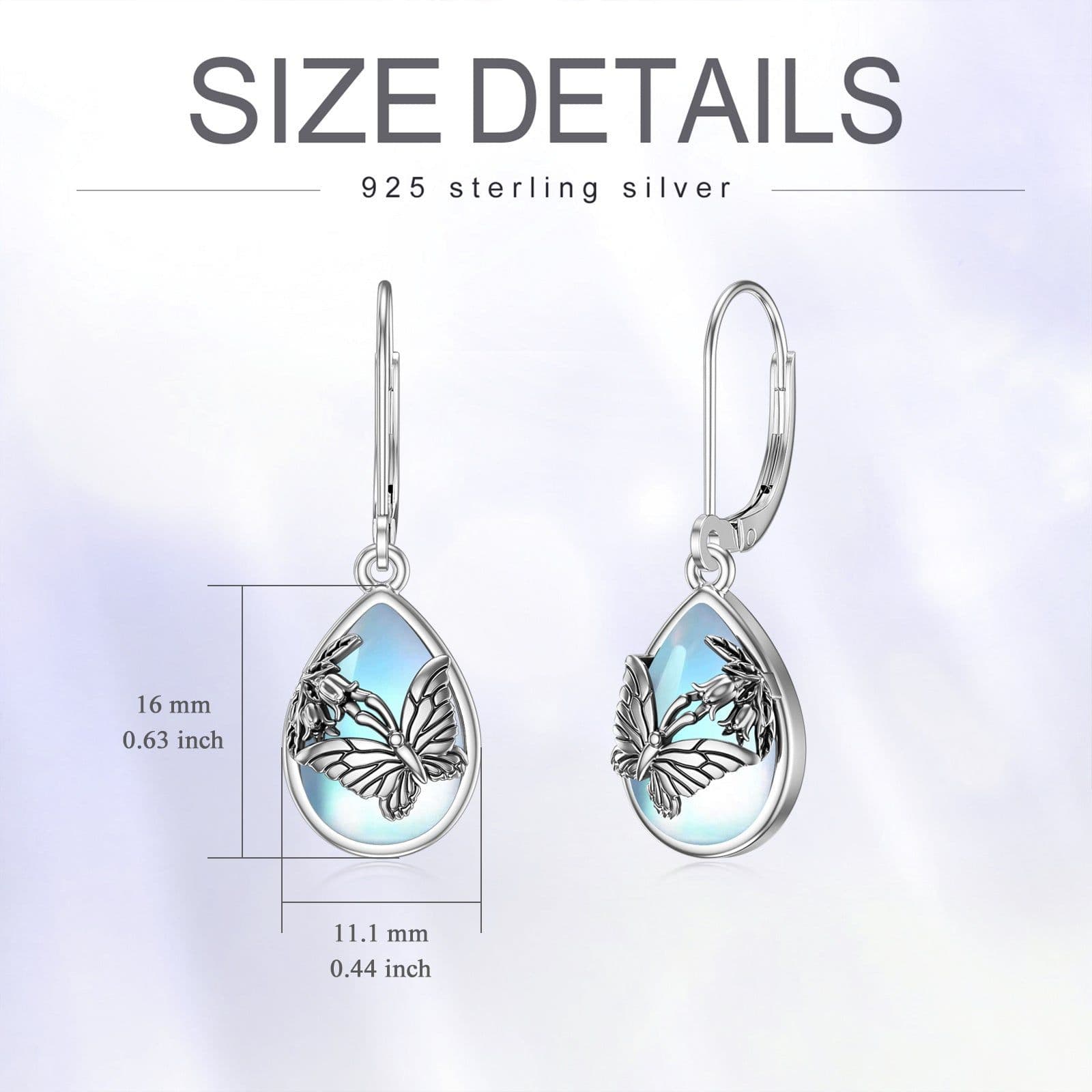 image-Butterfly Leverback Earrings 925 Sterling Silver Butterfly Moonstone Earrings For Women