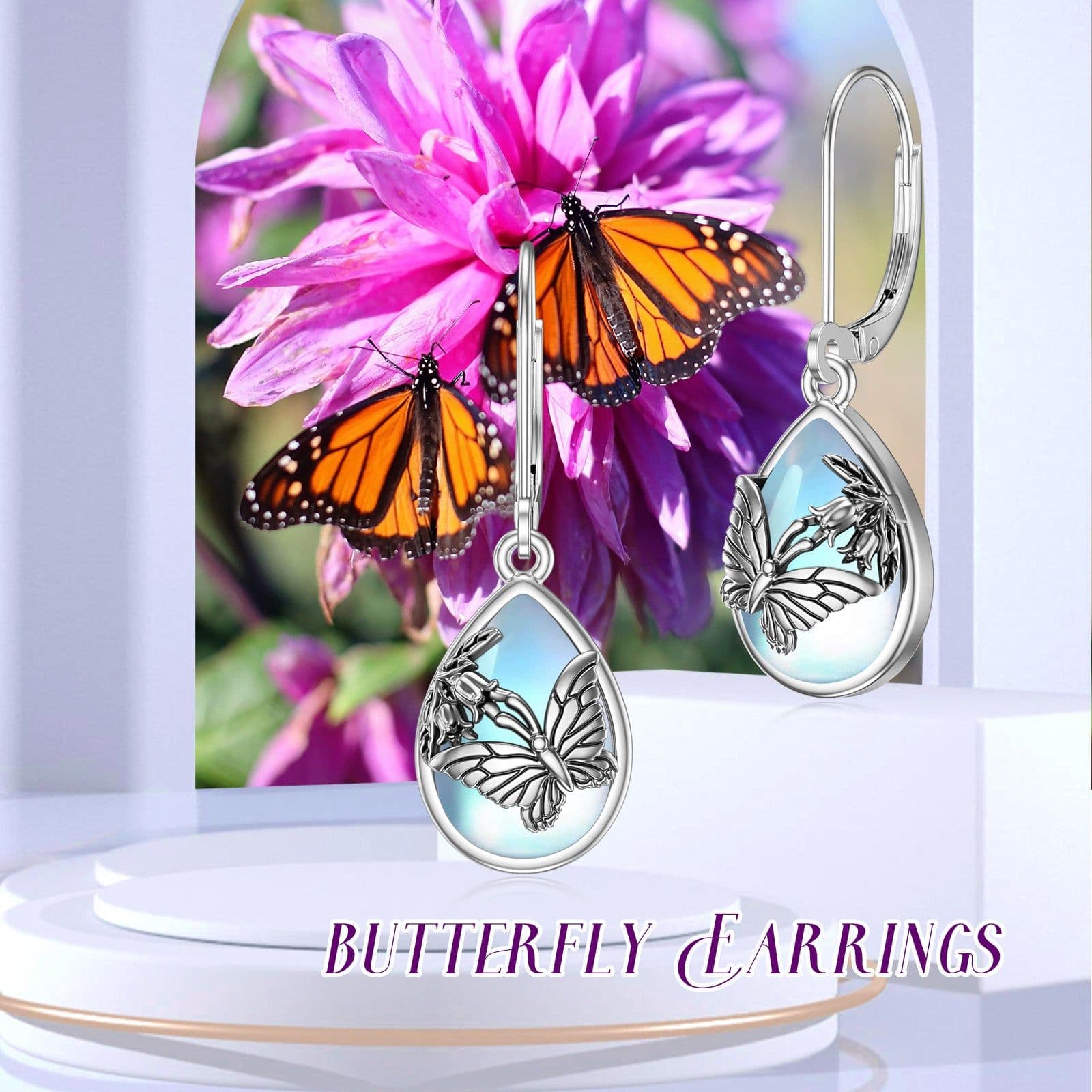 image-Butterfly Leverback Earrings 925 Sterling Silver Butterfly Moonstone Earrings For Women