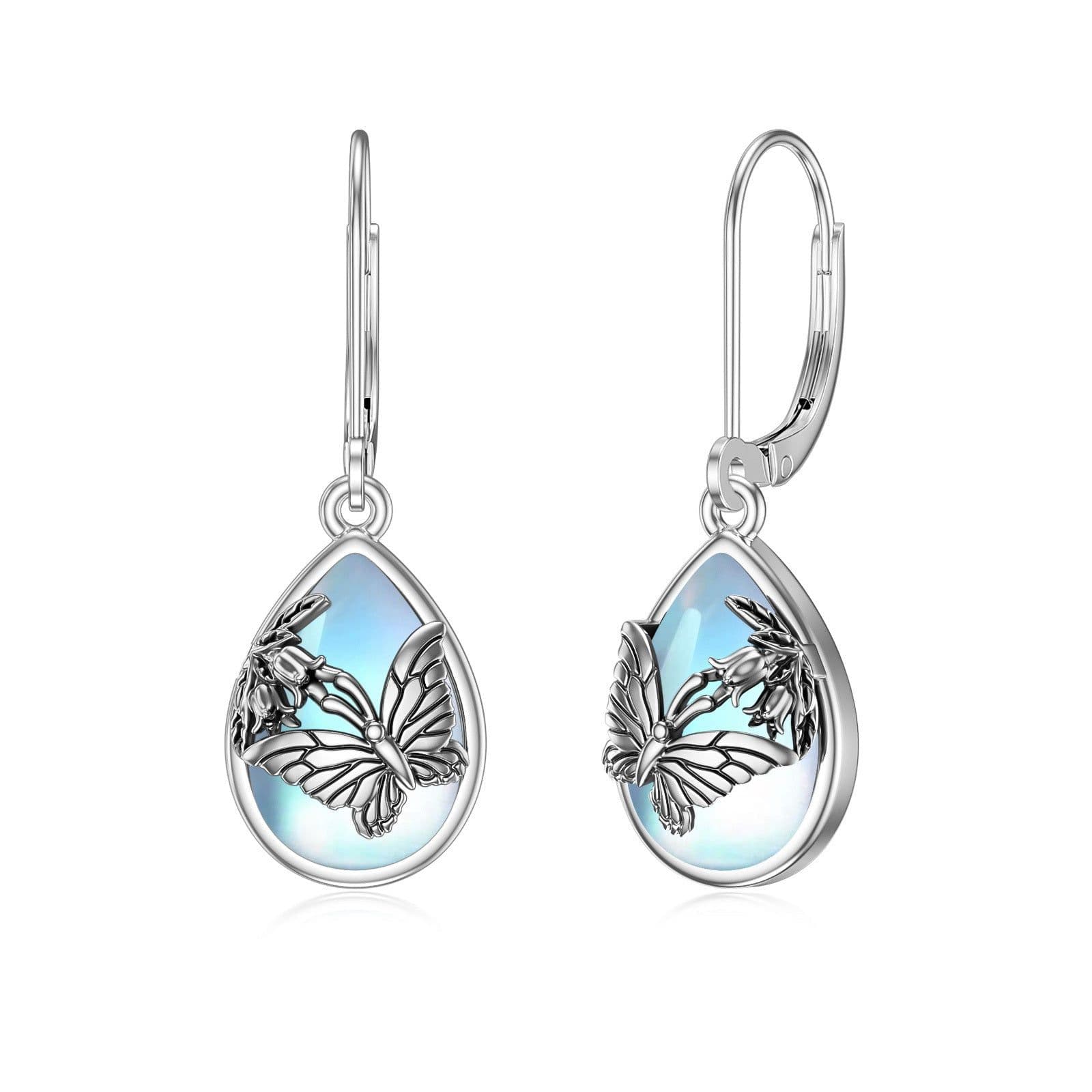 image-Butterfly Leverback Earrings 925 Sterling Silver Butterfly Moonstone Earrings For Women