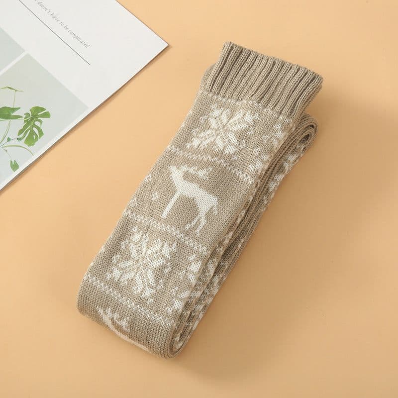 image-Women Long Socks Christmas Women Knitted Cotton Woolen Stocking Warm Thigh High Over The Knee Cute Deer Printing Socks Twist Cable Crochet