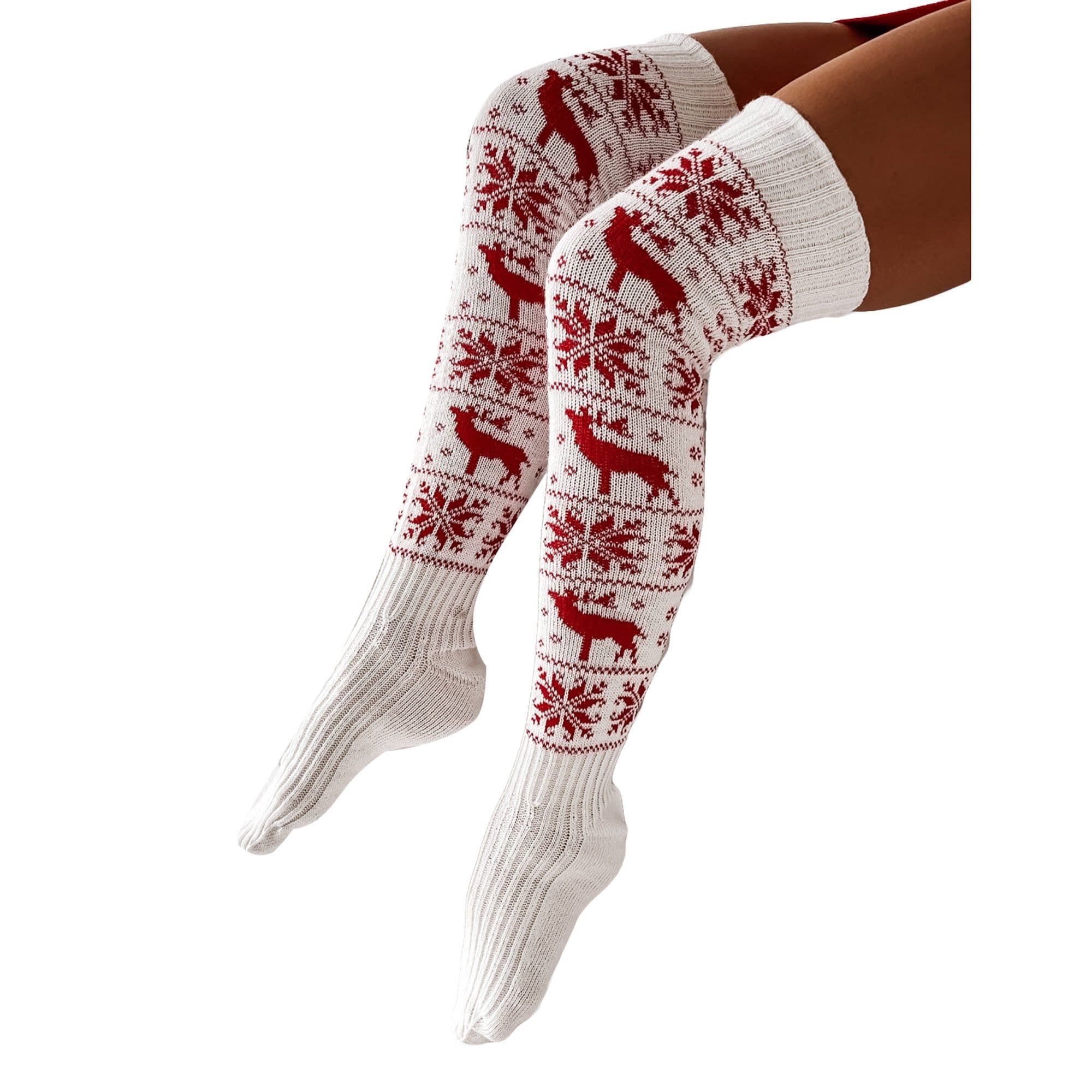 image-Women Long Socks Christmas Women Knitted Cotton Woolen Stocking Warm Thigh High Over The Knee Cute Deer Printing Socks Twist Cable Crochet