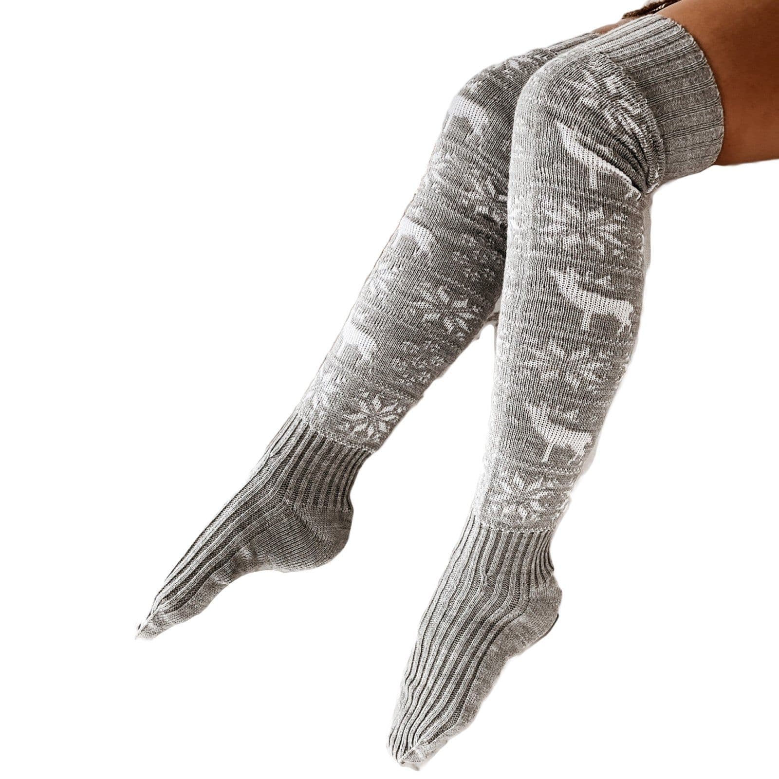 image-Women Long Socks Christmas Women Knitted Cotton Woolen Stocking Warm Thigh High Over The Knee Cute Deer Printing Socks Twist Cable Crochet