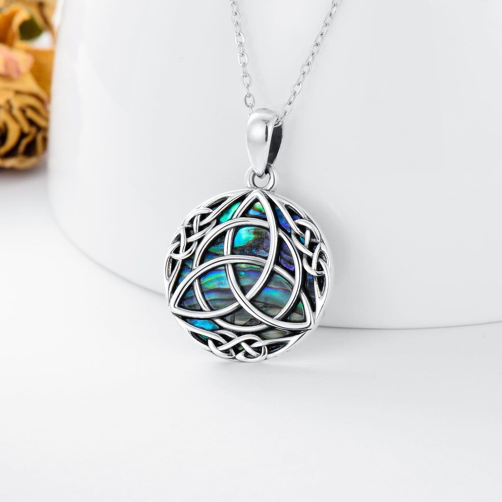 image-Vintage Sterling Silver Trinity Celtic Knot Lucky Necklace With Simulated Abalone Shell
