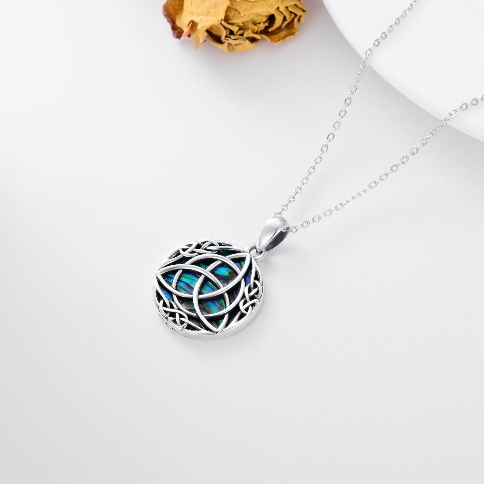 image-Vintage Sterling Silver Trinity Celtic Knot Lucky Necklace With Simulated Abalone Shell