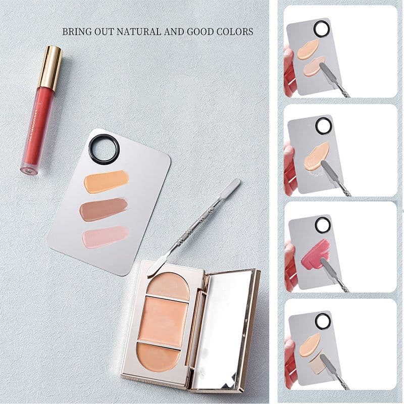 image-Stainless Steel Cosmetic Makeup Palette, Professional Cosmetic Mixing Makeup Palette Spatula Makeup Artist Tool, Beauty Salon Color Cream Mixing Palette With A Spatula Makeup Nail Art Palette