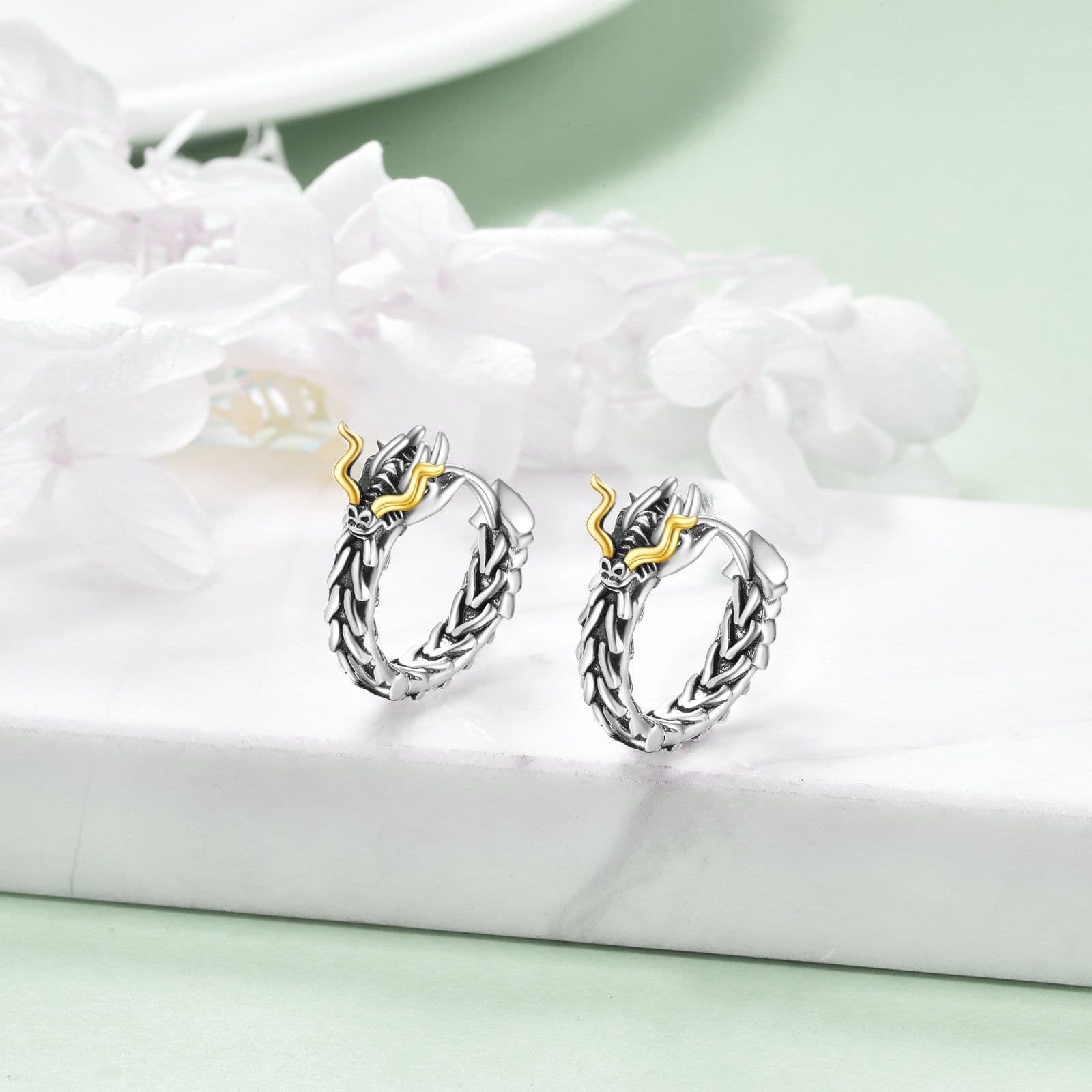 image-Sterling Silver Dragon Hoop Huggie Earrings Jewelry Gifts for Men