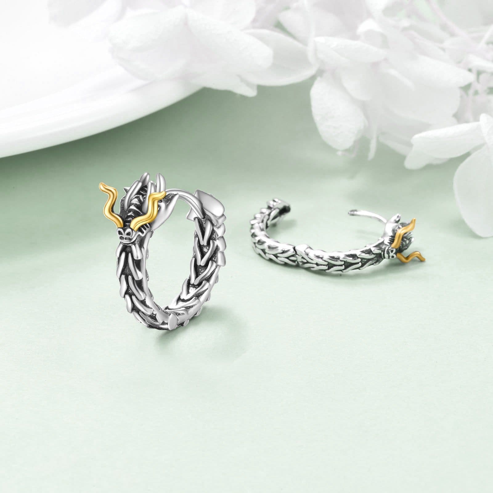 image-Sterling Silver Dragon Hoop Huggie Earrings Jewelry Gifts for Men