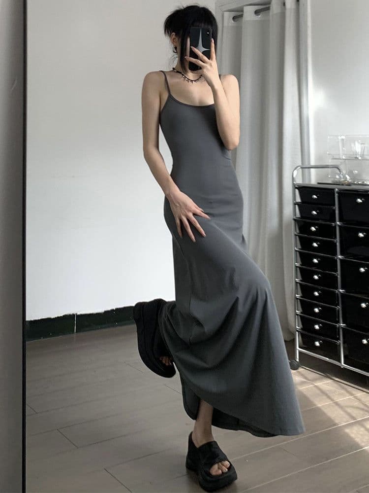 image-High-Waist Slimming Strap Dress, Solid Color Casual A-Line Knee-Length For Women