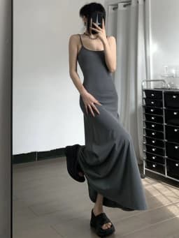 image-High-Waist Slimming Strap Dress, Solid Color Casual A-Line Knee-Length For Women