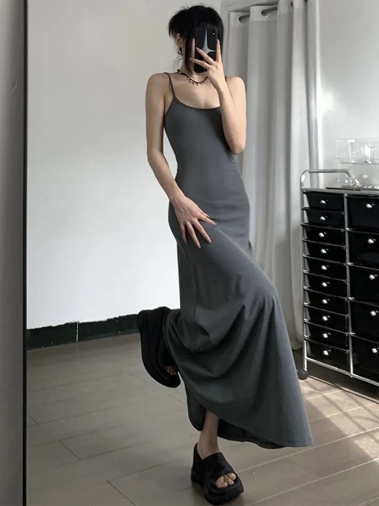 image-High-Waist Slimming Strap Dress, Solid Color Casual A-Line Knee-Length For Women