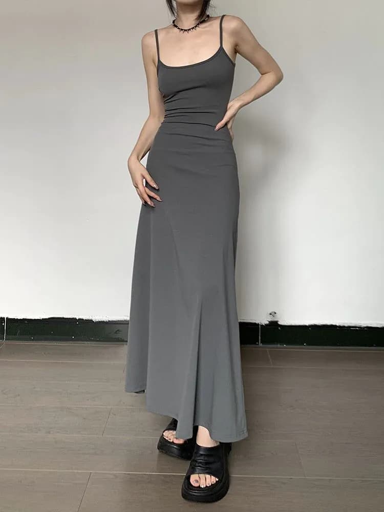 image-High-Waist Slimming Strap Dress, Solid Color Casual A-Line Knee-Length For Women