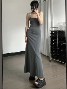 image-High-Waist Slimming Strap Dress, Solid Color Casual A-Line Knee-Length For Women