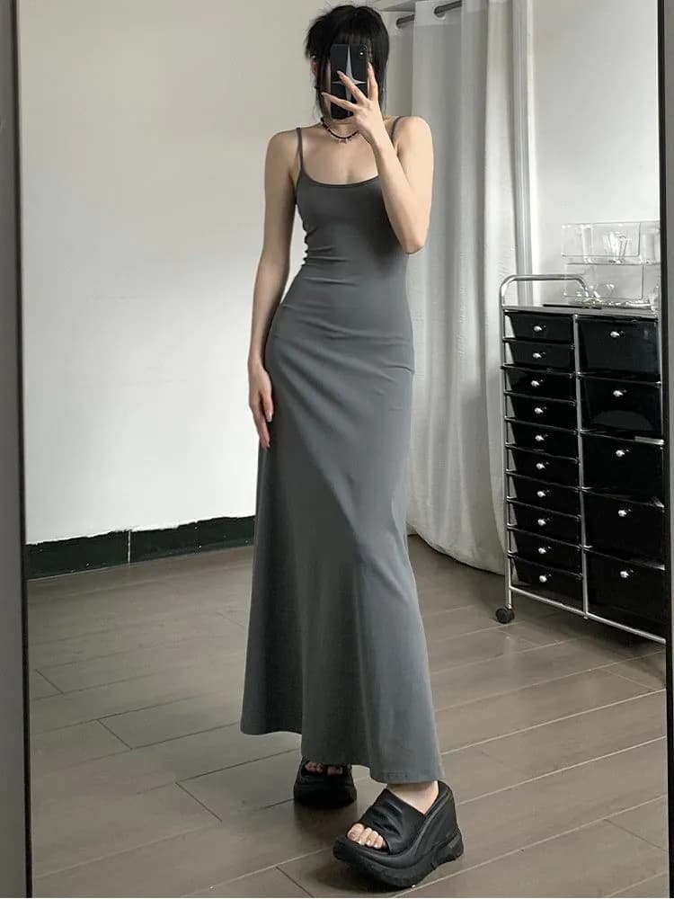 image-High-Waist Slimming Strap Dress, Solid Color Casual A-Line Knee-Length For Women
