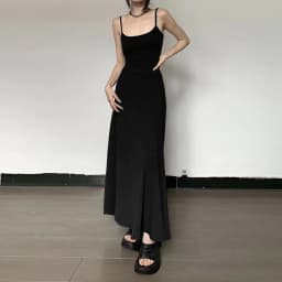 image-High-Waist Slimming Strap Dress, Solid Color Casual A-Line Knee-Length For Women