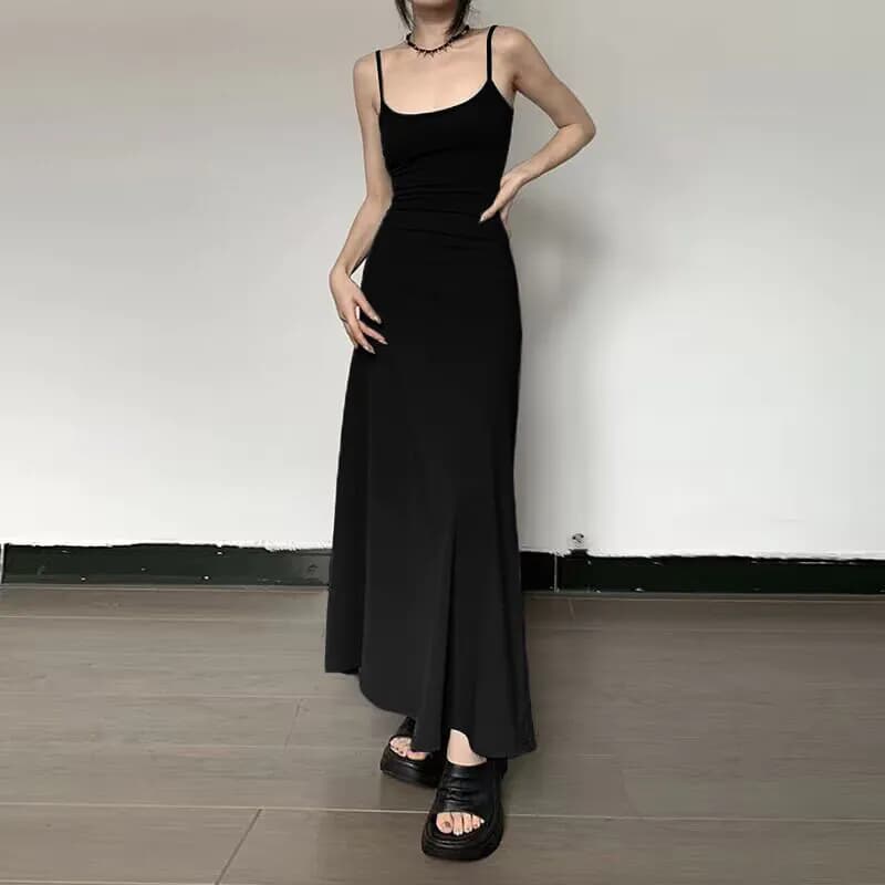image-High-Waist Slimming Strap Dress, Solid Color Casual A-Line Knee-Length For Women