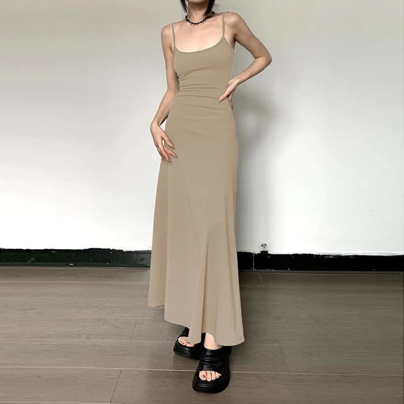 image-High-Waist Slimming Strap Dress, Solid Color Casual A-Line Knee-Length For Women