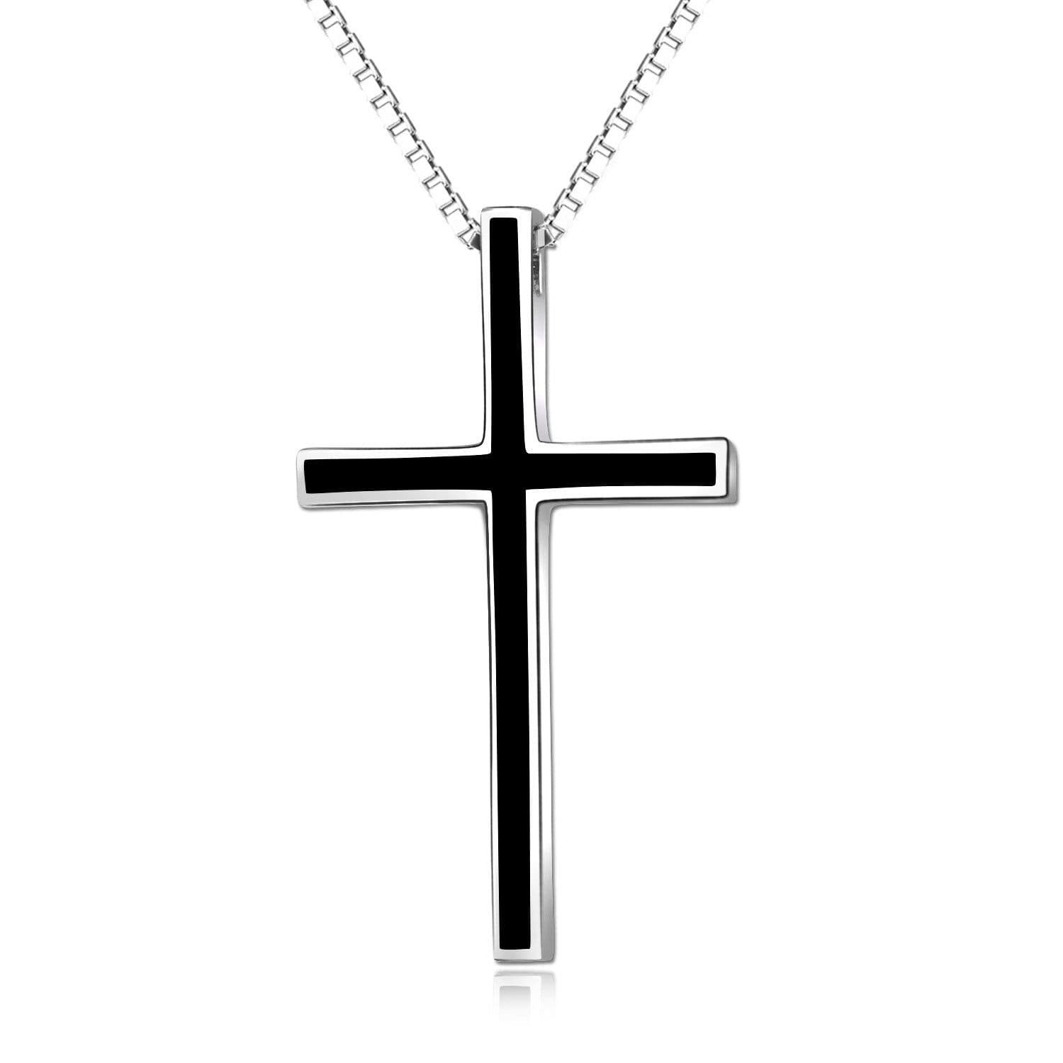 image-Men's Black Cross Pendant Jewelry 925 Sterling Silver Classic Cross Necklace