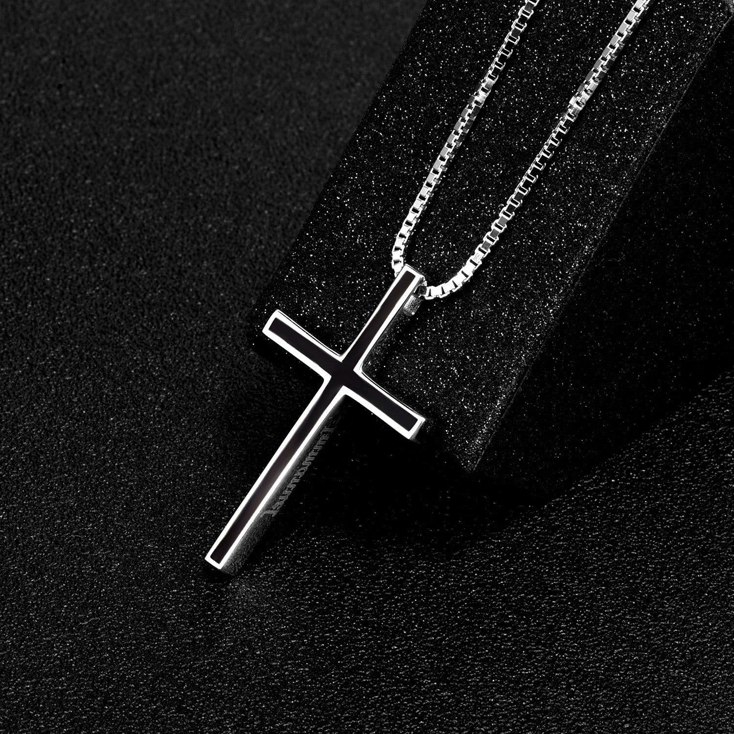 image-Men's Black Cross Pendant Jewelry 925 Sterling Silver Classic Cross Necklace