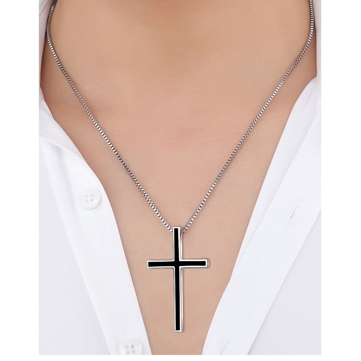 image-Men's Black Cross Pendant Jewelry 925 Sterling Silver Classic Cross Necklace