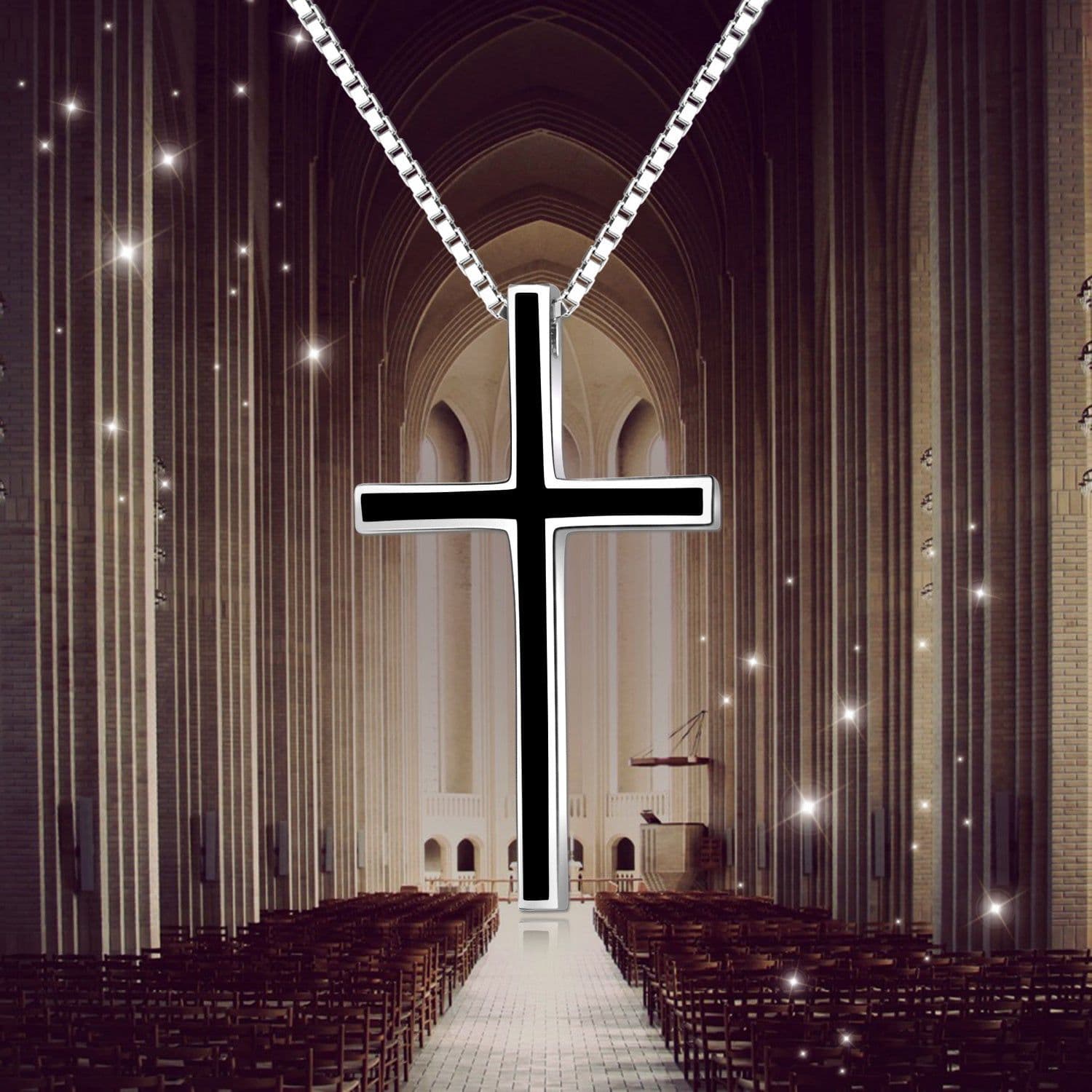 image-Men's Black Cross Pendant Jewelry 925 Sterling Silver Classic Cross Necklace