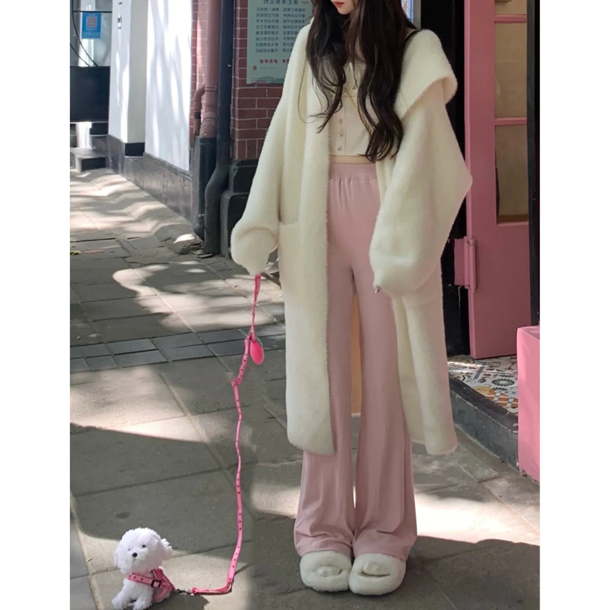image-Hooded Fur Cardigan Coat Women's Spring Clothes, Thick Gentle Long Knitted Coat Handmade Clothing Hand Knit Outfit Of The Day