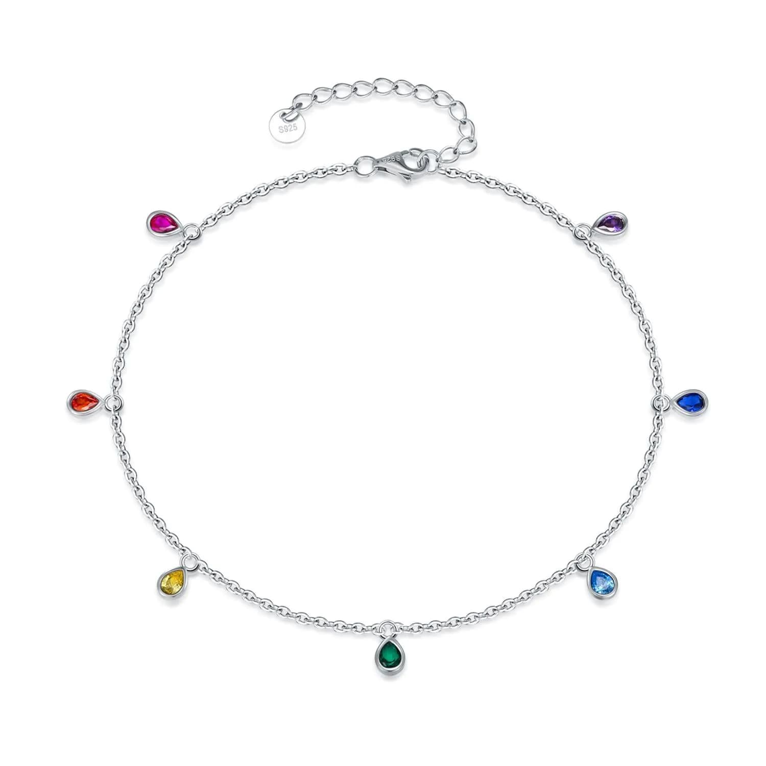 image-Anklets for Women Sterling Silver Multi Color Oval Rainbow Anklet Bracelets Fashion Jewelry Gifts for Women Teen Girls Friend Birthday