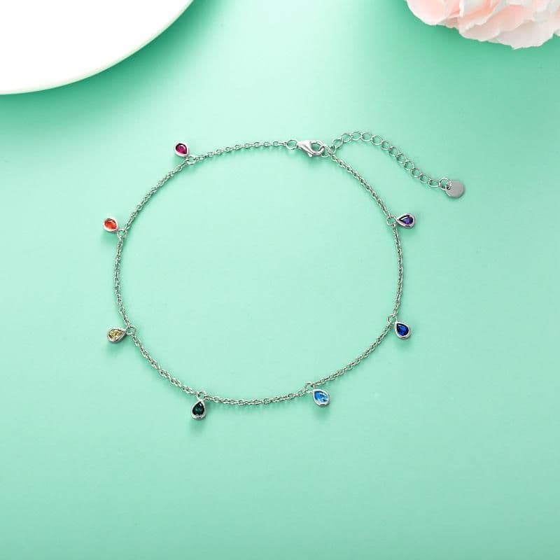 image-Anklets for Women Sterling Silver Multi Color Oval Rainbow Anklet Bracelets Fashion Jewelry Gifts for Women Teen Girls Friend Birthday