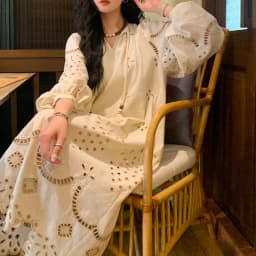image-Retro Ethnic Travel Holiday Embroidered Long Dress, Hollow White Embroidered Dress, Linen V-neck Dress, Cotton Summer Cloth, Boho Maxi Dress