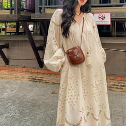 image-Retro Ethnic Travel Holiday Embroidered Long Dress, Hollow White Embroidered Dress, Linen V-neck Dress, Cotton Summer Cloth, Boho Maxi Dress