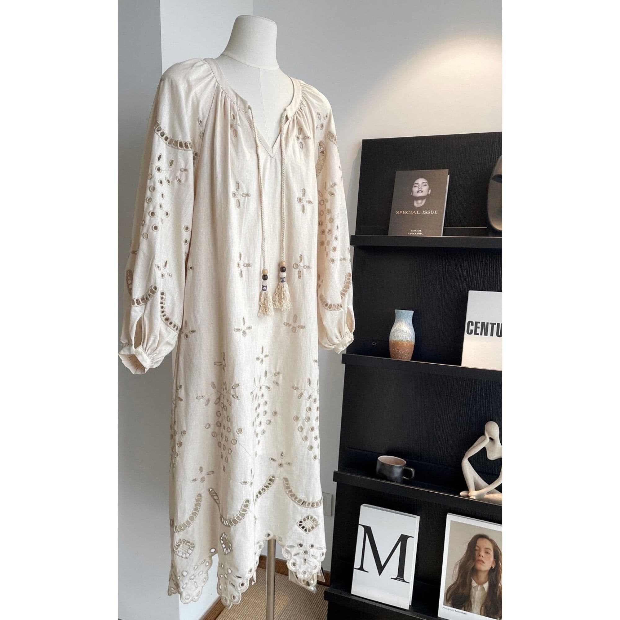 image-Retro Ethnic Travel Holiday Embroidered Long Dress, Hollow White Embroidered Dress, Linen V-neck Dress, Cotton Summer Cloth, Boho Maxi Dress