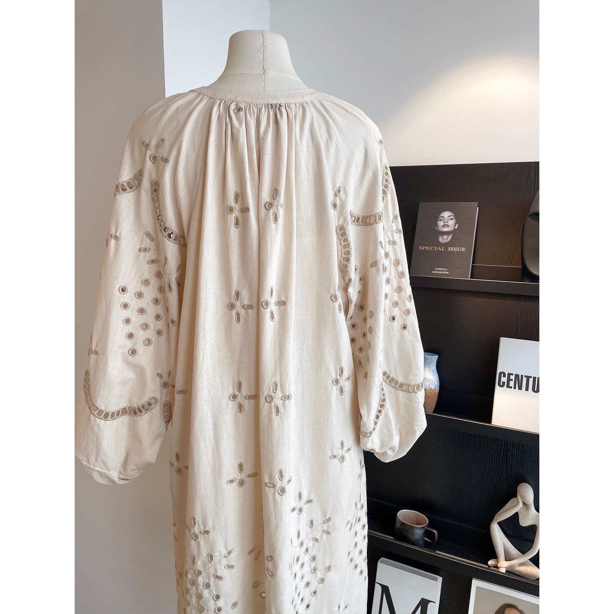 image-Retro Ethnic Travel Holiday Embroidered Long Dress, Hollow White Embroidered Dress, Linen V-neck Dress, Cotton Summer Cloth, Boho Maxi Dress
