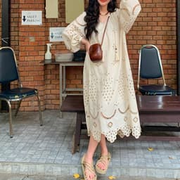 image-Retro Ethnic Travel Holiday Embroidered Long Dress, Hollow White Embroidered Dress, Linen V-neck Dress, Cotton Summer Cloth, Boho Maxi Dress