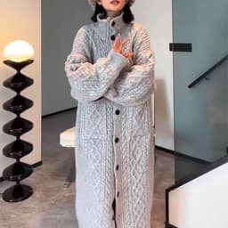 image-High Collar Thickened Twist Sweater Coat, Gray Cozy Over-knee Knitted Cardigan Long Sweater, Boho Women Sweater, Womens Winner Clothing