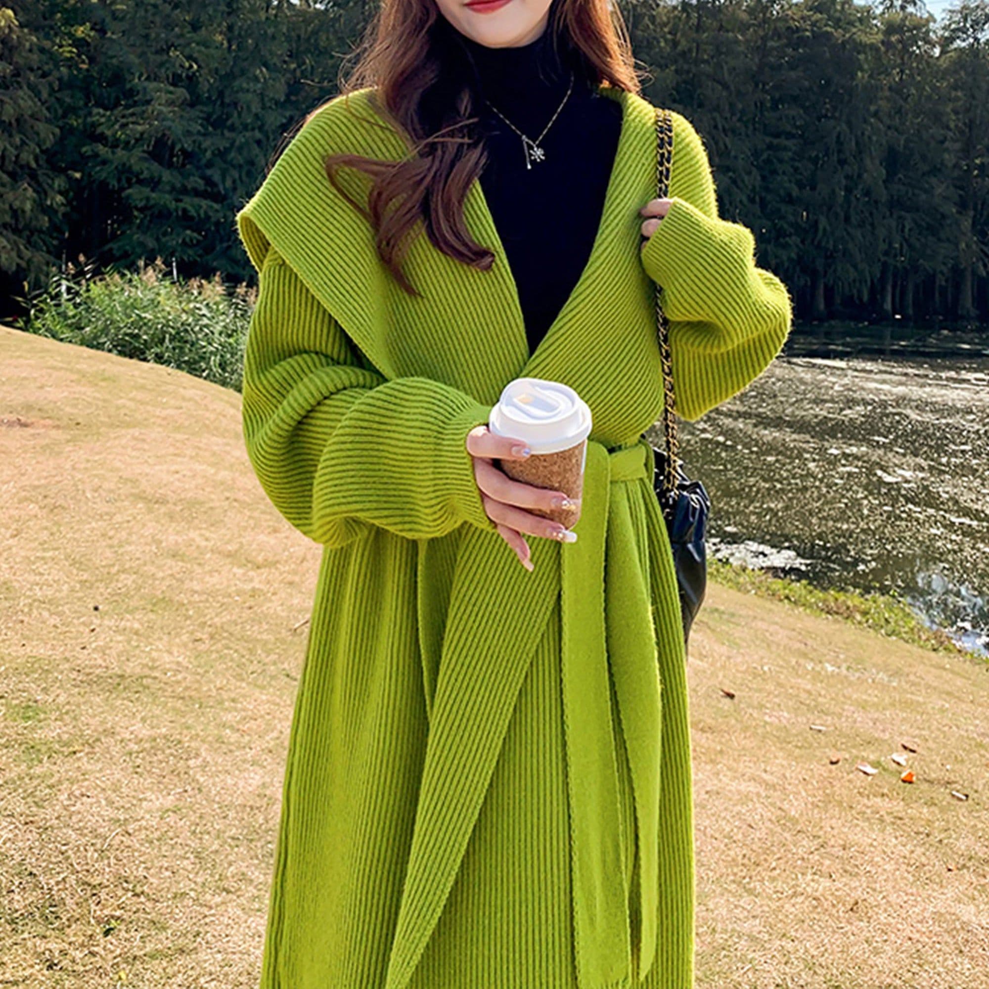 image-Green Alpaca Wool Sweater Coat Thickened Loose Knitted Cardigan Knitwear Handmade Clothing Hand Knit, Womens Clothing