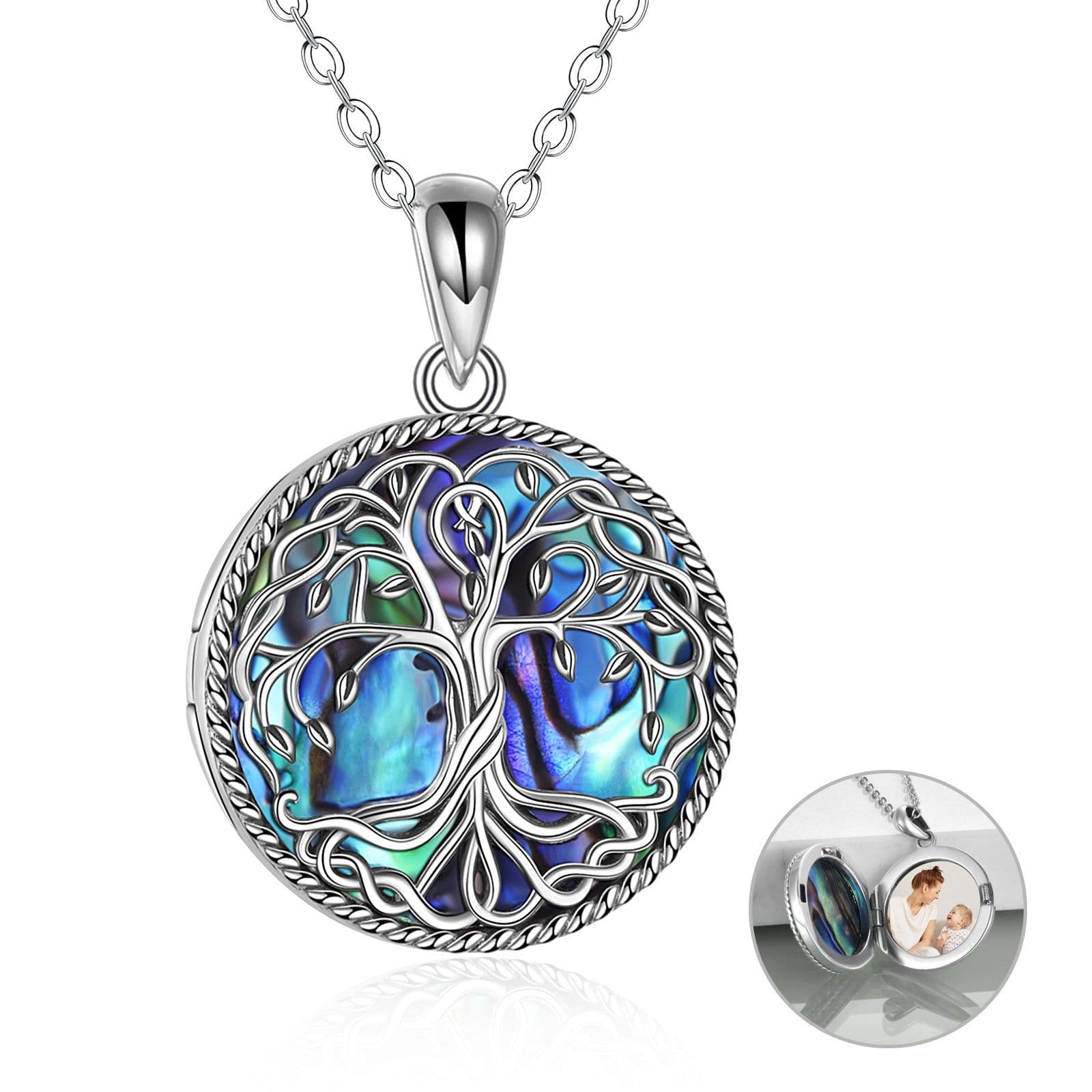 image-Tree of Life Locket Necklace Jewelry for Women Sterling Silver Celtic Family Tree Abalone Shell Lockets Jewelry Gifts for Mom Daughter