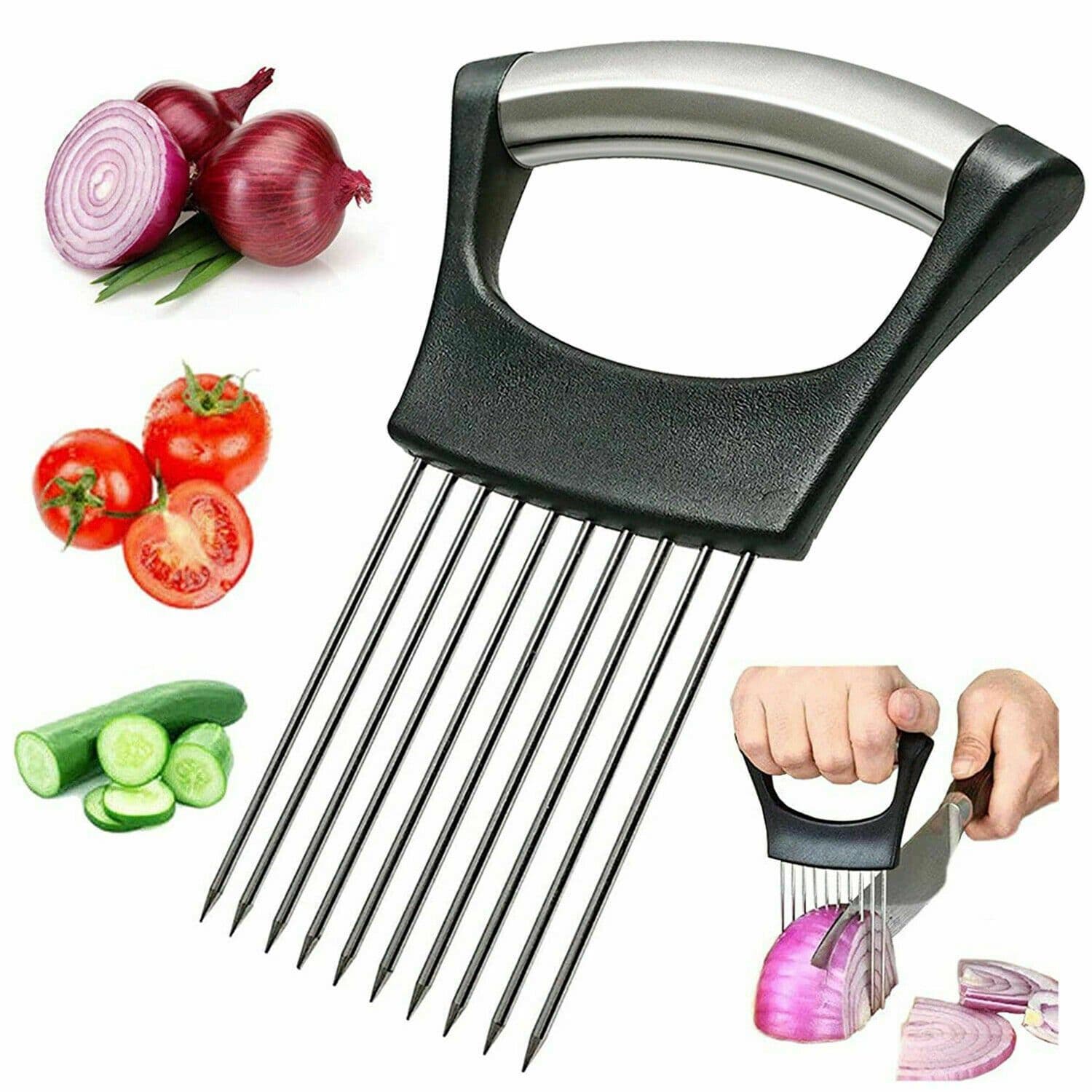image-Food Slice Assistant - Stainless Steel Onion Holder Slicer Tomato Cutter NonSlip