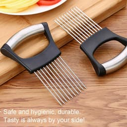 image-Food Slice Assistant - Stainless Steel Onion Holder Slicer Tomato Cutter NonSlip