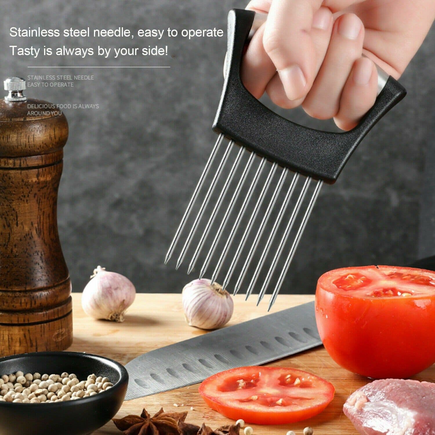 image-Food Slice Assistant - Stainless Steel Onion Holder Slicer Tomato Cutter NonSlip