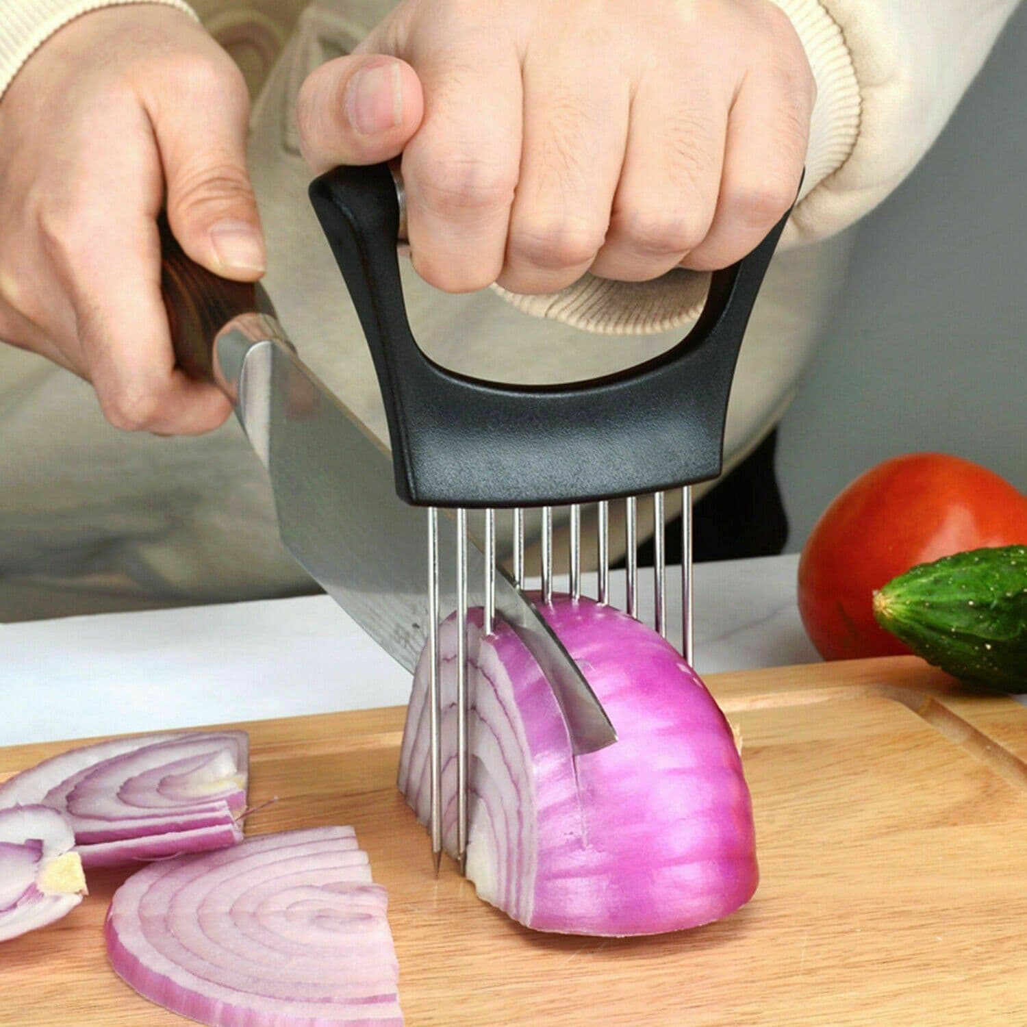 image-Food Slice Assistant - Stainless Steel Onion Holder Slicer Tomato Cutter NonSlip